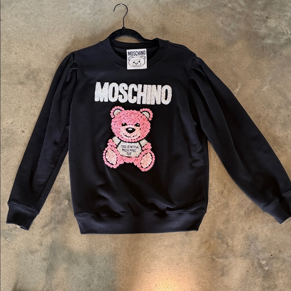 Authentic Moschino Black Sweatshirt with Pink Teddy Appliqué